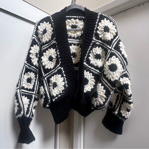 HANDMADE Black and White Crochet Oversized Sweater Cardigan